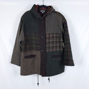 Jofeld Patchwork Wool Coat Womens L Brown Toggle Plaid Vintage Hooded Artisan